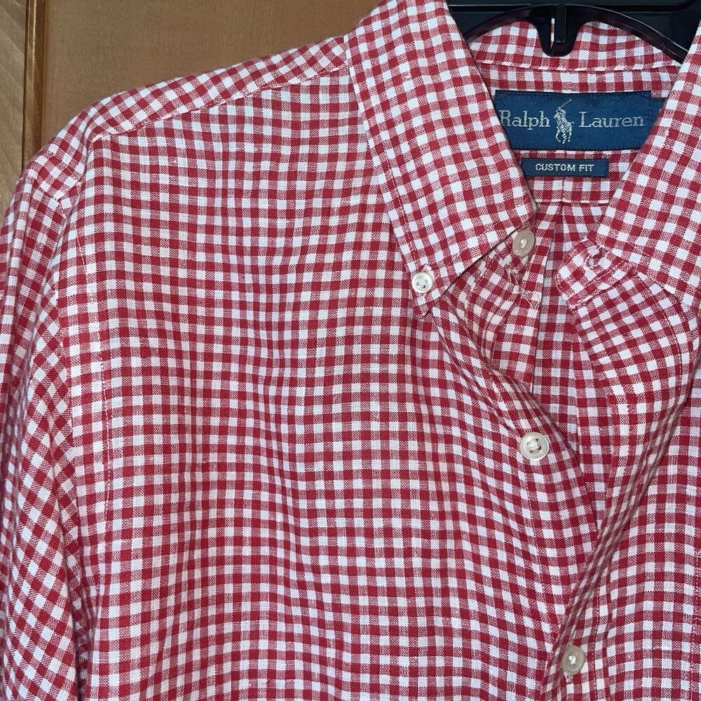 Ralph Lauren Blue Label Men's M Red Gingham Plaid 100% Linen Casual Shirt - Picture 4 of 7